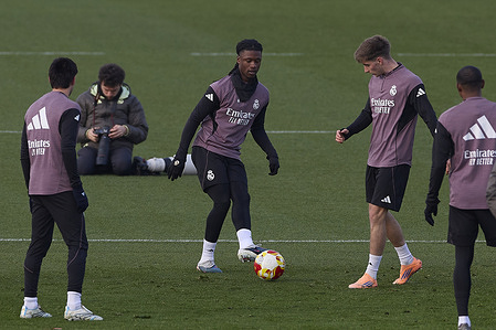 Eduardo Camavinga of Real Madrid CF is seen in action during a training session at Ciudad Real Madrid, on the eve of the Spanish Cup, Copa del Rey Round of 16 football match between Albacete Balompie and Real Madrid CF.
