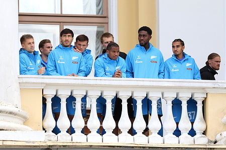 Zenit FC players seen during an open training session on Ostrovsky Square near the Alexandrinsky Theater.