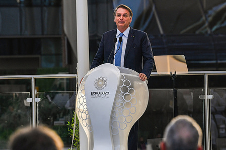 The President of Brazil, Jair Bolsonaro delivers a speech during his visit to Dubai EXPO 2020.