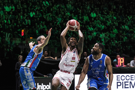 Armoni Brooks of EA7 Emporio Armani Milano (C) seen in action during the Frecciarossa Final Eight 2026 Semi-Final match between Germani Brescia and EA7 Emporio Armani Milano at Inalpi Arena. Germani Brescia lost to EA7 Emporio Armani Milano with a score of 102–106.