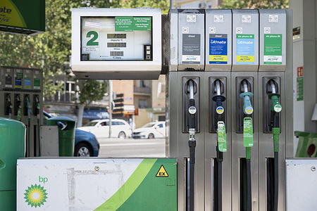 Gas fuel pumps for diesel and gasoline are ready to be used at the British Petroleum Company plc, known as BP plc, gas station in Spain.