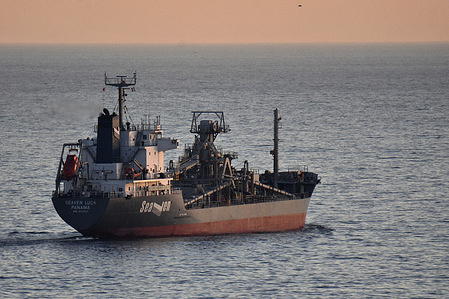 The cement carrier ship Seaven Luck leaves the French Mediterranean port of Marseille.