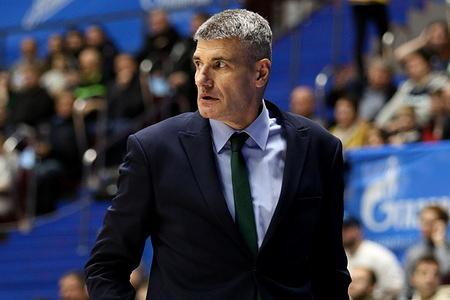 Velimir Perasovic, head coach of UNICS seen in action during the VTB United League basketball match, Regular Season, between Zenit Saint Petersburg and UNICS Kazan at "kck Arena". Final score; Zenit 77:104 UNICS Kazan.