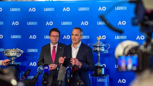 Newly appointed CEO of Tennis Australia Andrew Abdo (R) is seen during press conference at the 2027 Australian Open Grand Slam tennis tournament media launch at Rod Laver Arena.