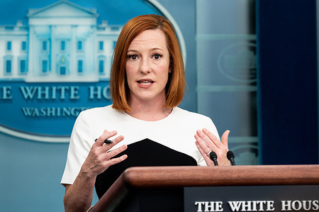 White House Press Secretary Jen Psaki speaks at a press briefing in the White House Press Briefing Room.