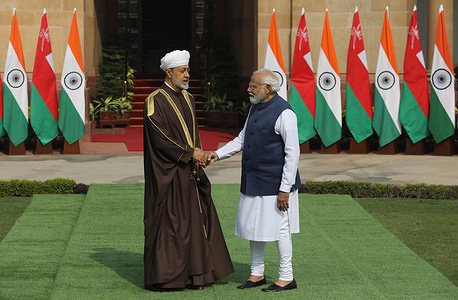 Indian Prime Minister Narendra Modi (R) shakes hand with the Oman’s Sultan Haitham bin Tarik (L) before their meeting at Hyderabad house in New Delhi. 
Oman's Sultan Haithm bin Tarik is on a three-day state visit to India.