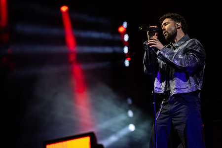 British singer Calum Scott performs on stage during the Queima das Fitas 2026 festival at the Queimódromo in Porto.