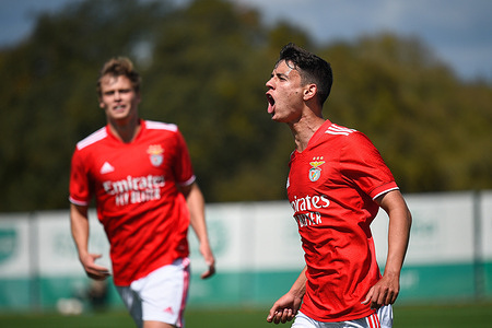 Pedro Santos from Benfica (R) celebrates first goal during the Quarter Finals of the UEFA Youth League match between Sporting and Benfica at Estadio Aurelio Pereira
Final score; Sporting 0:4 Benfica.