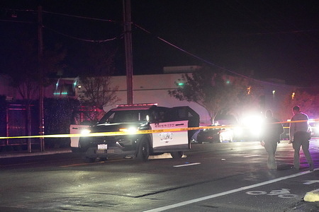 Police officers are on scene to investigate the fatal shooting and the road is closed. Sheriff’s deputies investigate after a fatal deputy-involved shooting during a traffic stop near the intersection of Twin Oaks Valley Road and Borden Road in San Marcos on Feb. 18. Authorities said a person was killed after deputies opened fire late at night, leaving multiple bullet holes visible in the suspect’s vehicle. Several law enforcement agencies respond to the scene to assist with the investigation as roads are blocked off.