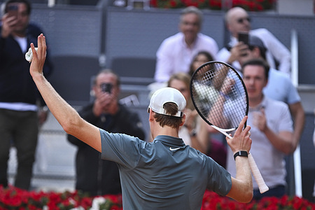 Jannik Sinner of Italy celebrates a point against Benjamin Bonzi of France (not in view) in the Men's Singles Round of 64 match during the Mutua Madrid Open 2026 tournament at La Caja Magica. victory of Jannik Sinner 6-7, 6-1, 6-4