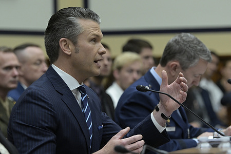US Department of Defense Secretary Pete Hegseth testifies before the House Armed Services Committee about Department of Defense Fiscal Year 2026 Budget Request during a hearing at Rayburn HOB/Capitol Hill in Washington DC, USA.