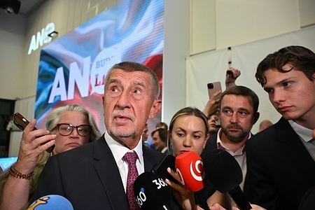 Andrej Babis, former Czech prime minister and leader of ANO party speaks to the media at the election headquarter of ANO party after the Czech parliament elections. ANO party led by Andrej Babis won Czech parliament elections, followed by coalition SPOLU led by current Czech prime minister Petr Fiala.