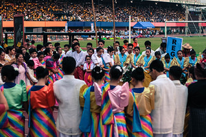 Marikina Sports Center,Marikina,NCR,Philippines, Marikina, NCR, Philippines - 11/12/2017: Prayer before the performance is one of the culture of Filipinos showing their fear,faith and respect in God.The Biggest Annual Philippine Rehiyon-Rehiyon Festival was once again celebrated this month with the theme “Unity In Diversity” which the main goal is to unite all individuals coming from different region in the nation. The festival showcases the diverse culture and attitudes of Filipinos around the country to bond as one in a big dance celebration. It serves as a tribute to local groups/community who came from other regions of the country and choose to stay and settle in the city.