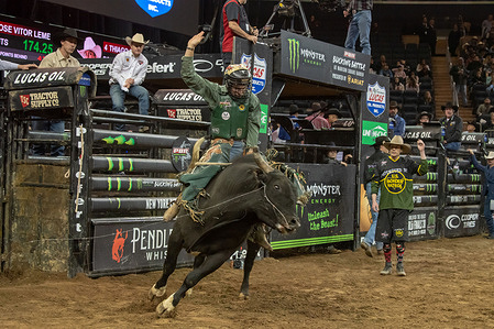 Koltin Hevalow rides Bullet Train during the third round of the Professional Bull Riders 2023 Unleash The Beast event at Madison Square Garden in New York City.