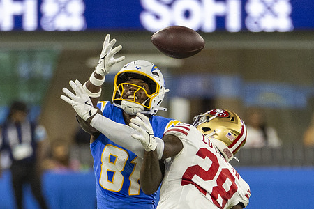 San Francisco 49ers Cornerback Darrell Luter Jr. (28) defects a pass intended for Los Angeles Chargers Wide Receiver Dalevon Campbell (81) during an NFL football preseason game at Sofi Stadium. Final score: San Francisco 49ers 41:17 Los Angeles Chargers