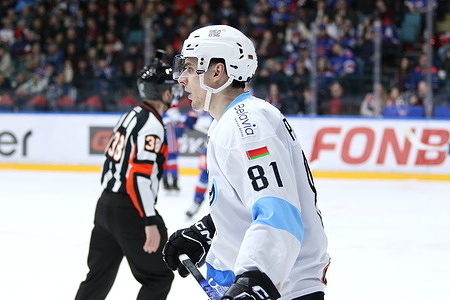 Vitaly Pinchuk (81) of Dinamo Hockey Club seen in action during the Hockey match, Kontinental Hockey League 2025/2026 between SKA Saint Petersburg and Dinamo Minsk at the Ice Sports Palace. (Final score; SKA Saint Petersburg 3:4 Dinamo Minsk).