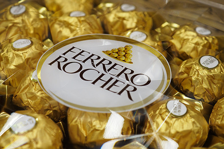 Ferrero Rocher logo on the candy box.