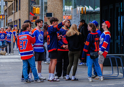 Fans wearing Edmonton Oilers jerseys are seen before game time for the NHL Stanley Cup second-round game 3, Las Vegas Golden Knights Vs Edmonton Oilers, watch party at the Ice District.