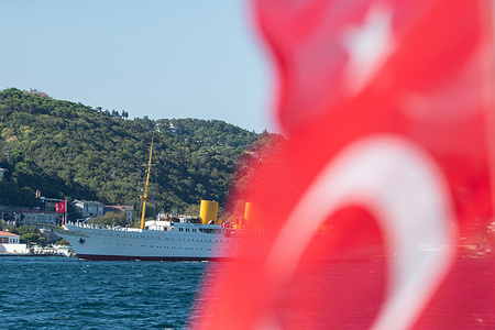 The TCG Savarona, the presidential yacht of Mustafa Kemal Ataturk, the founder of the Republic of Türkiye, seen passing through the Bosphorus during a naval parade held as part of Teknofest's Blue Homeland event.