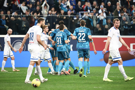 Players of Zenit celebrate a goal during the Russian Football Premier League match between Zenit St. Petersburg and Dinamo Moscow at Gazprom Arena.
(Final score; Zenit St. Petersburg 3:0 Dinamo Moscow)