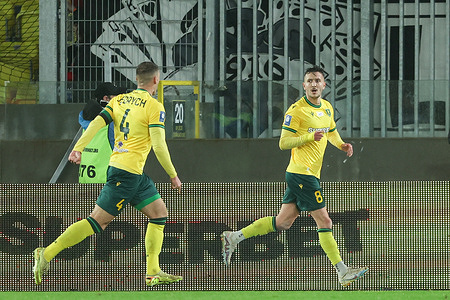 Arkadiusz Jedrych of GKS Katowice (L) and Borja Galan of GKS Katowice celebrate (R) after scoring a goal during Polish League PKO BP Ekstraklasa 2025/2026 football match between GKS Katowice and Legia Warszawa at Arena Katowice. Final score; GKS Katowice 1:1 Legia Warszawa.