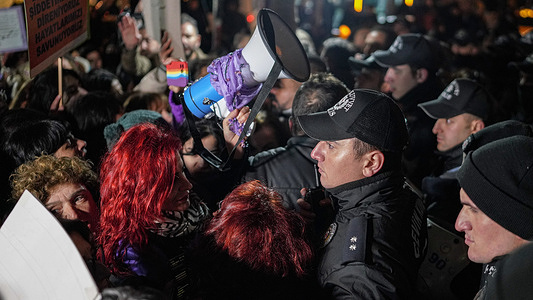 Police officers intervene against protesters during the demonstration. International Day for the Elimination of Violence against Women, women gathered in Kızılay in Ankara, the capital of Turkey. Police intervened at the beginning of the protest.