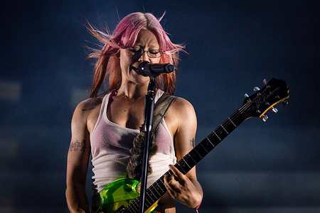 Rhian Teasdale of the British indie rock duo Wet Leg seen performing on the Vodafone Stage during Vodafone Paredes de Coura.