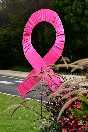 A pink ribbon seen on a roundabout for Pink October in the town. This annual global communication campaign aims to raise awareness among women about breast cancer screening.