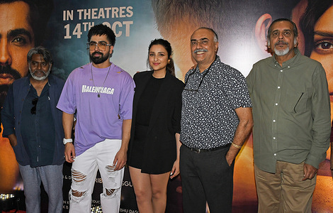L-R Bollywood actor Dibyendu Bhattacharya, singer and actor Harrdy Sandhu, actress Parineeti Chopra, Rajit Kapur, and Shishir Sharma pose for a photo after the trailer preview of their upcoming film 'Code Name: Tiranga' in Mumbai. The film will release in the theater on 14th October 2022.