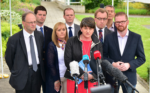 DUP Leader Arlene Foster and her negotiating team give a press conference at Stormont Castle, She said the Onus is now on Sinn Féin to either lead us into an election or inexorably into direct rule. 03 July: Belfast: UK
