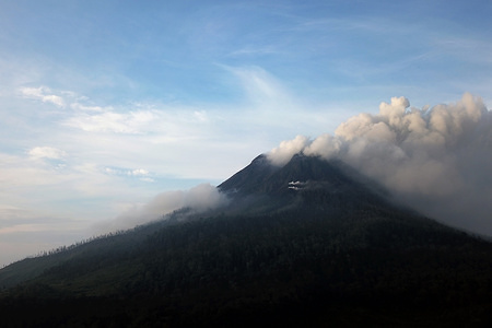 (EDITORS NOTE: Image was created with a drone.)
Smoke seen coming out from the Mount Sinabung volcano.
Mount Sinabung Eruption has made many victims to flee their homes and homes.