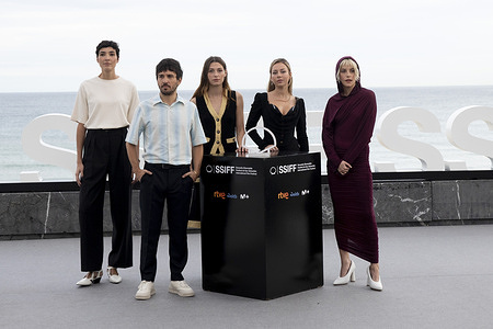 Isabel Peña, Pedro Martín Calero, Mathilde Ollivier, Ester Expósito and Malena Villa attend the 'El Llanto' Photocall during the 72st San Sebastian International Film Festival at Kursaal Palace in Donostia-San Sebastian.