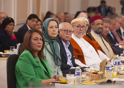 (L-R) Sihem Badi, Maryam Rajavi, Dr. Riyad Yassin, Khalil Merroun, Cheikh Dahou Meskine attend the conference. During the sacred month of Ramadan, Muslim leaders from France, Jordan, Syria, Tunisia, Algeria, Yemen, Palestine, and other nations in the Middle East attended a conference at National Council of Resistance of Iran (NCRI) Headquarters.