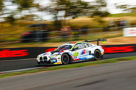 The #46 Team WRT BMW M4 GT3 driven by Valentino Rossi during practice 1 at the Meguiar's Bathurst 12 Hour at Mount Panorama.