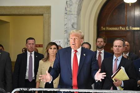 Former President of the United States Donald J. Trump shares his thoughts on the civil fraud trial brought by Attorney General of the State of New York Letitia James. Former President of the United States Donald J. Trump appears at the hallway of the courthouse to speak to the press on day three of the civil fraud trial in Manhattan.