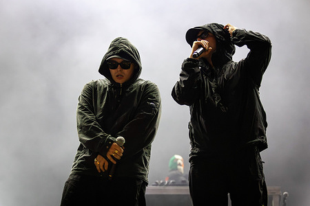 Mo Chara and MÛglaÌ Bap of the Irish hip?hop trio, Kneecap seen performing together on the Vodafone Stage during Vodafone Paredes de Coura.