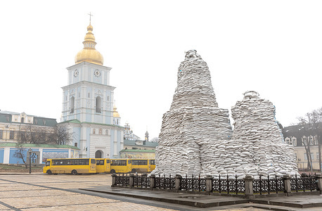 Sandbags piled around a monument of the Princess Olga, Apostle Andrew, Cyril and Methodius to protect it in case of a possible bombardment as Russian forces continue their full-scale invasion of Ukraine Russia invaded Ukraine on 24 February 2022, triggering the largest military attack in Europe since World War II.