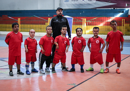 Short-statured Palestinians seen at the gym. Short-statured players receive soccer practice at a gym in Gaza City, the first newly established team in Palestine.
