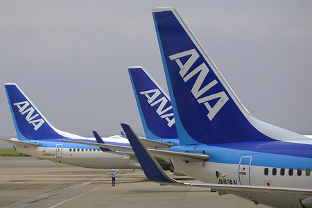 All Nippon Airways (ANA) airplanes seen at the Tokyo International Airport, commonly known as Haneda Airport in Tokyo.