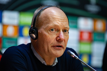 Niels Frederiksen, coach of Lech seen during the press conference after the UEFA Conference League round of 16 match between FC Shakhtar Donetsk and Lech Poznan at Henryk Reyman Municipal Stadium.