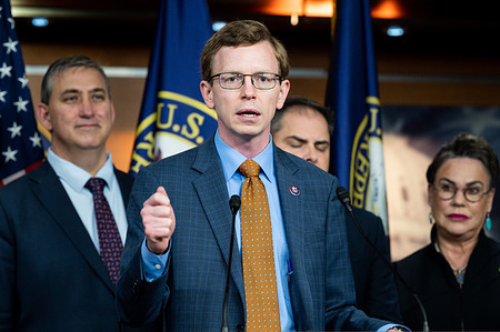 U.S. Representative Dusty Johnson (R-SD) speaking with other House Republicans at a press conference at the U.S. Capitol about H. J. Res. 8, the Keep the Nine constitutional amendment, to keep the size of the Supreme Court at nine justices.