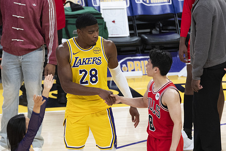 Chicago Bulls’ Yuki Kawamura (8) talks with Los Angeles Lakers’ Rui Hachimura (28) after an NBA basketball game at Crypto.com Arena. Final score: Lakers 142:130 Bulls