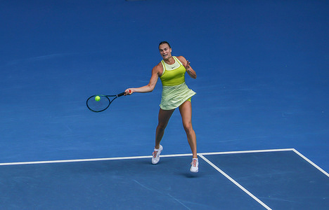 Aryna Sabalenka plays against Jessica Bouzas (not in view) in round 2 of the Australian Open. Aryna Sabalenka had a 6-3 7-5 win over Jessica Bouzas