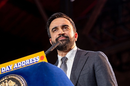 New York City Mayor Zohran Mamdani delivers his 100 Day Address at Knockdown Center on April 12, 2026 in the Queens borough of New York City.