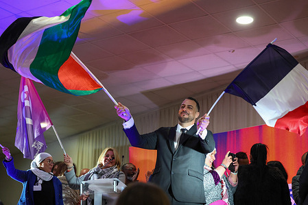 French MP Sébastien Delogu waves French and Palestinian flags at his campaign rally for the 2026 municipal elections. Sébastien Delogu, MP for La France Insoumise (LFI), continues his campaign for mayor of Marseille at a rally in the city's northern districts, attended by fellow French MP David Guiraud, who came to show his support.
