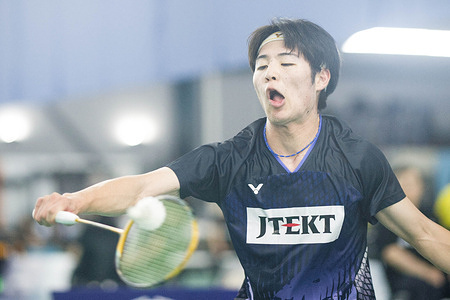 Yudai Nagafuchi of Japan seen in action during the Men's Single round of 64 match against Timothy Sentosa of Australia (not seen) at the 2025 ROKETTO Sydney International held at ROKETTO Badminton Centre. Nagafuchi won the match 15-12, 15-10