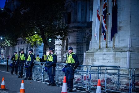 The Metropolitan Police guard the Cenotaph during the National March For Palestine – Ceasefire Now! Protest Organisers called for a ceasefire which is rooted in a sincere wish to see an end to all violence, especially that which targets civilians, while recognising that this cannot be achieved unless the root causes of that violence, the 75 years of ongoing Nakba against the Palestinian people, are adequately addressed.