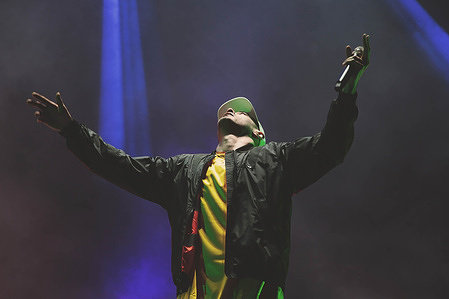 Fabri Fibra (Fabrizio Tarducci) performs live on stage at the Rock in Rome.