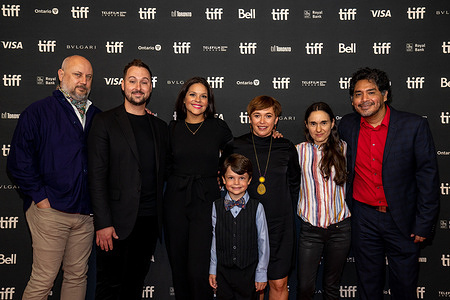 Nicolas Comeau, Francis Cantin, Eva Avila, Enzo Desmeules Saint-Hilaire, Catalina Pop, Katherine Jerkovic and Jorge Martinez Colorado attend the premiere of “Coyote” at TIFF Bell Lightbox theatre during the Toronto International Film Festival.