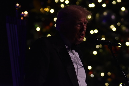 Former US President Donald J. Trump speaks about the indictments he is facing to the audience at the event in New York City. Former President of the United States Donald J. Trump is delivering remarks at the New York Young Republican Club 111th Gala in Manhattan. He is talking about his comments on being a dictator, the lawsuits and criminal trials he is facing, and the 2024 election.